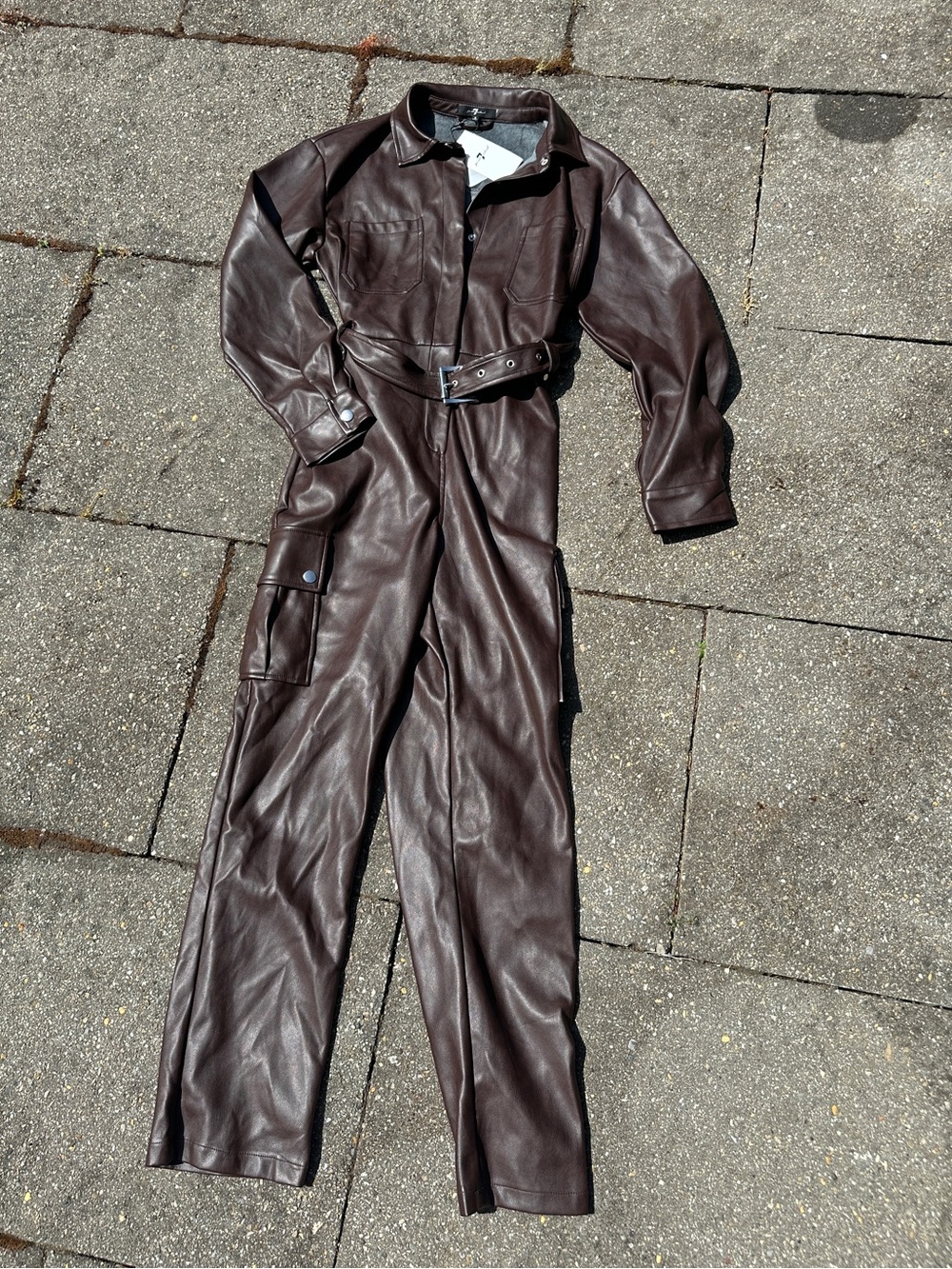 7 For All Mankind Faux Leather Belted Utility Jumpsuit Brown S NWT